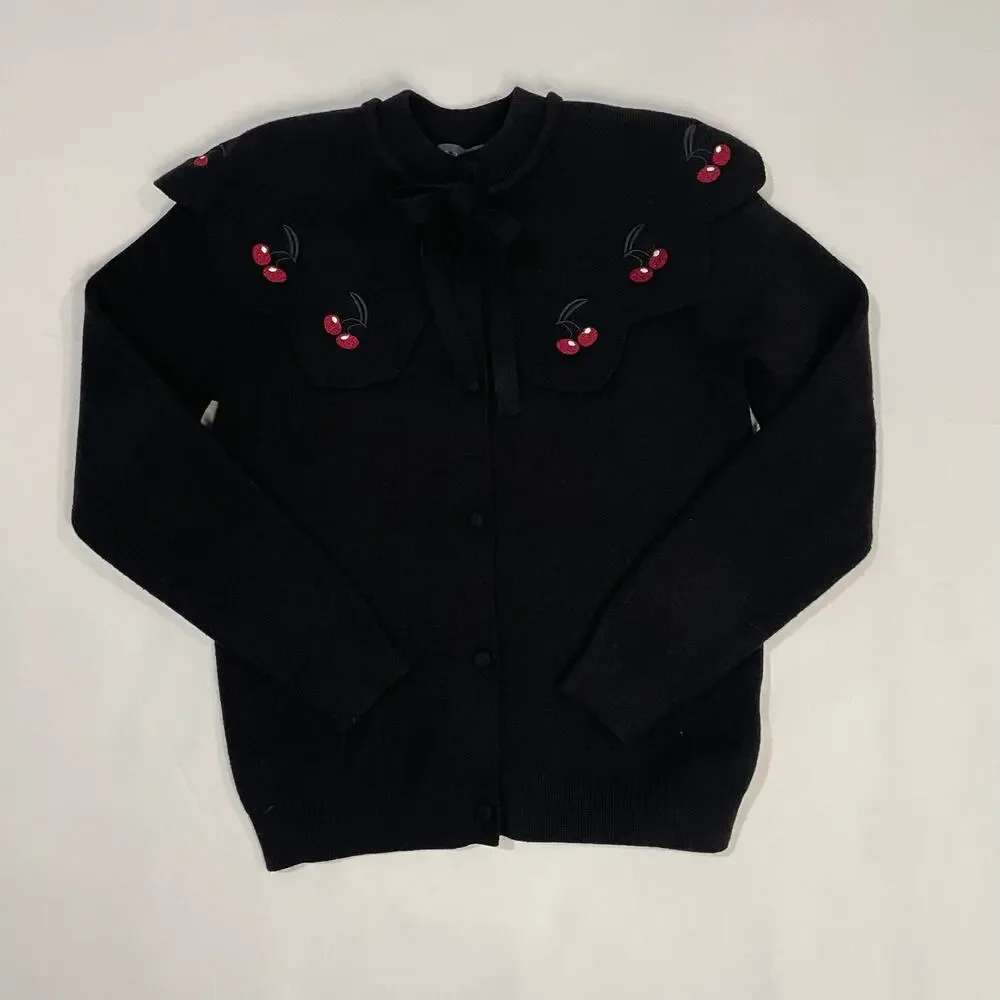 Girls Black Cardigan Sweater with Cherry Peter Pan Collar Tie Neck Size 12‎